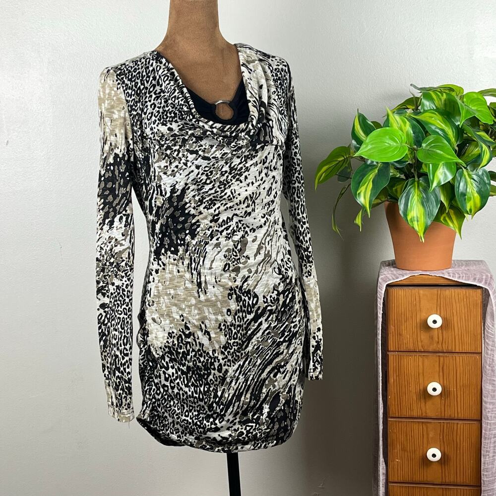 Miss Etam Brown Animal Print Long Sleeve Mini Dress/Top Size Small